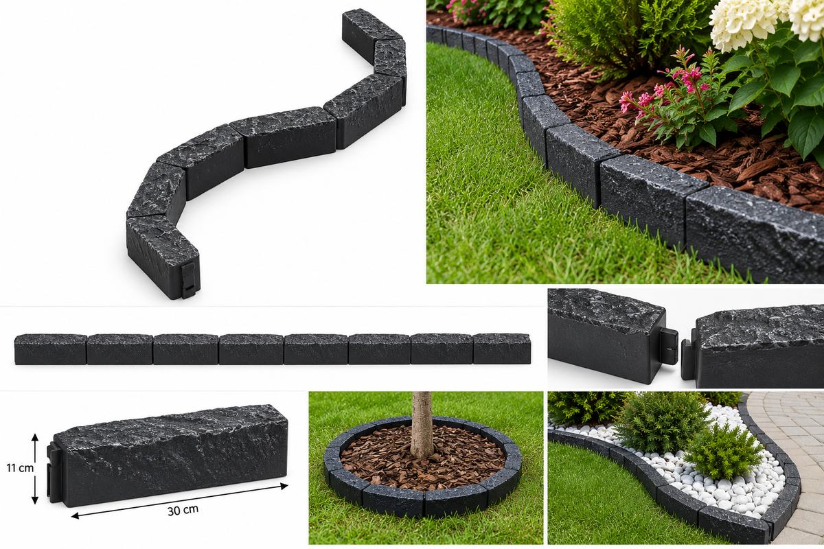 Bordură decorativă modulară pentru grădină, flexibilă, aspect piatră, negru 2,4m x 11cm