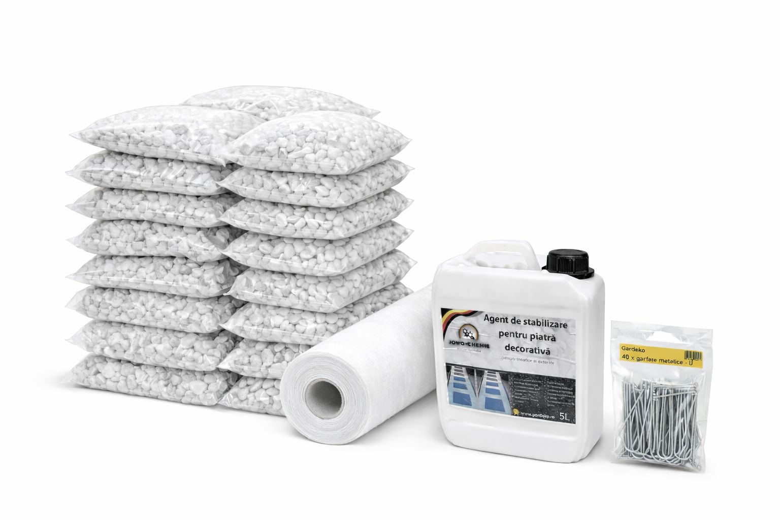 Kit complet pentru stabilizare piatră decorativă – 10 mp (piatră 8-16 mm, liant, geotextil și agrafe fixare)