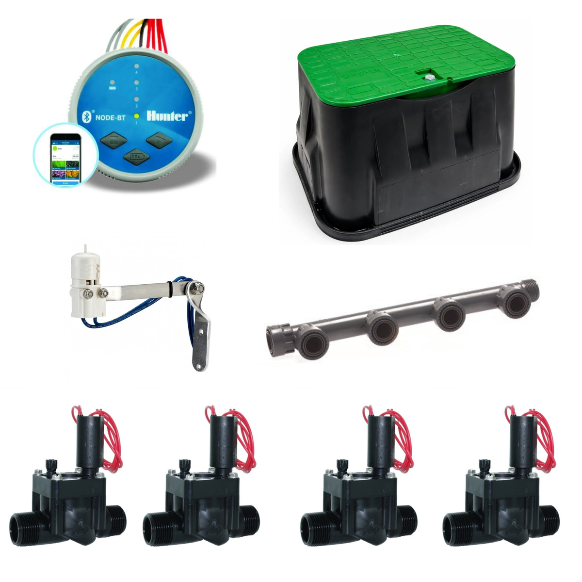 Kit irigații Hunter NODE-BT 400, 4 zone, Bluetooth, 9V, cu electrovalve și senzor de ploaie