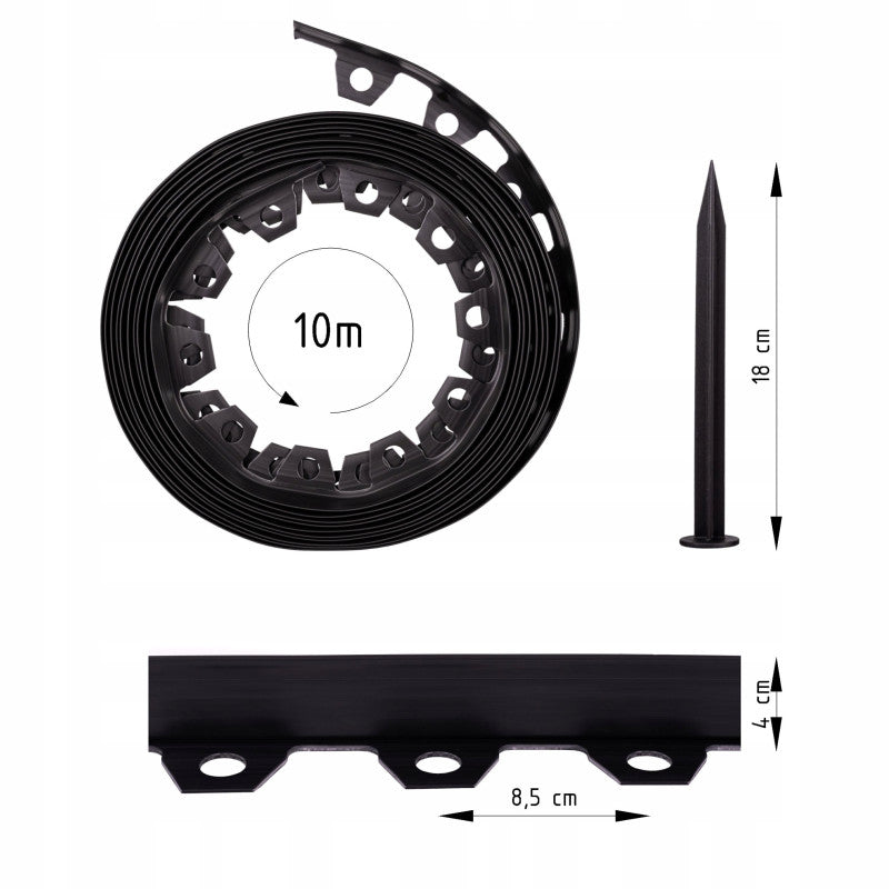 Separator gazon rolă 10 metri x 4 cm – Bordură flexibilă cu 20 cuie incluse